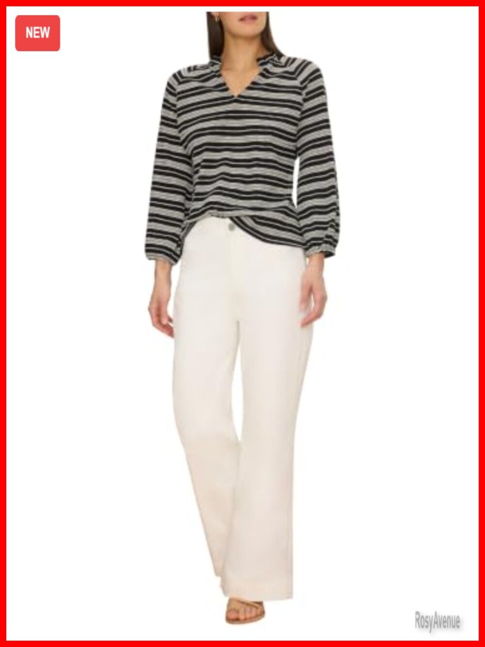 Striped Knit Top with Ruffled Split Neck and 3/4 Raglan Sleeves